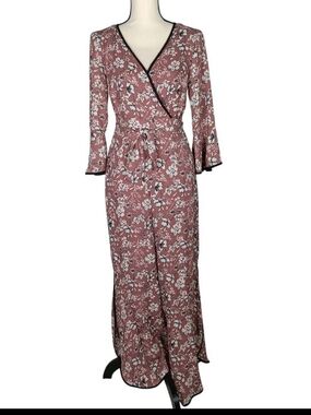 Lily Black Dusty Rose Floral V-Neck Bell Sleeves Jumpsuit, Small